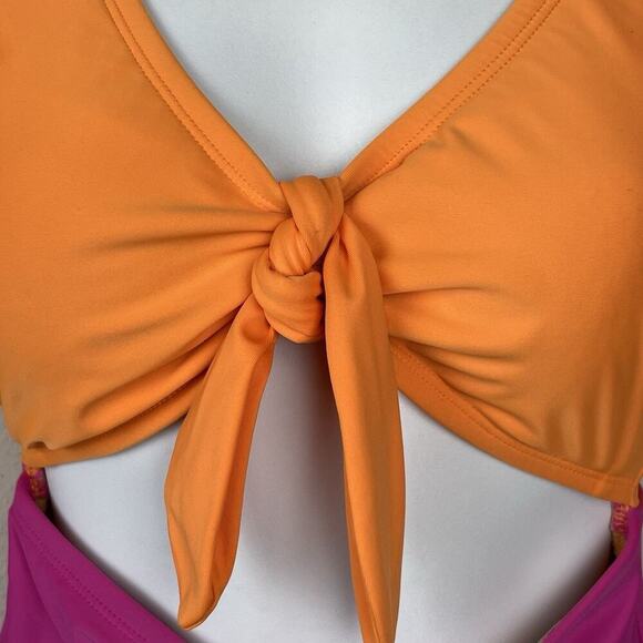 Tabitha Brown Target Swimsuit M Colorblock Puff Sleeve Open Front Tie One Piece - Picture 4 of 8